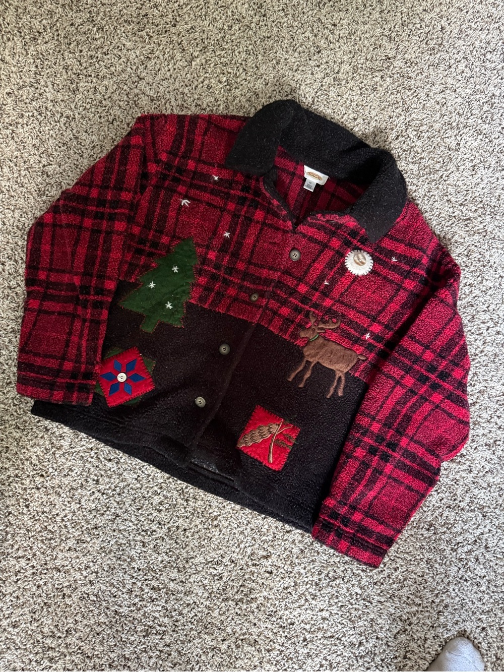 Red Plaid Holiday Jacket with Embroidered Moose